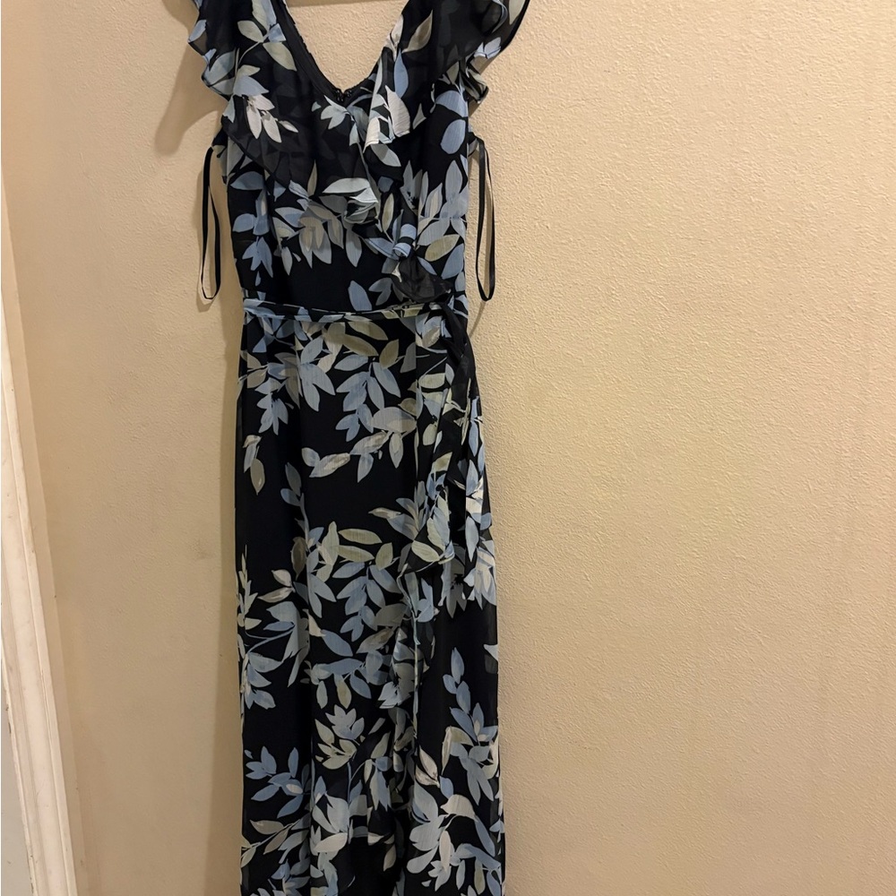 London Times Elegant Navy and Blue Floral Maxi Dress Ruffle